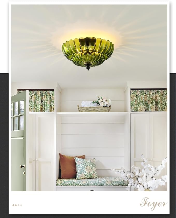 ANYLOVE Modern 12Inch Green Flower Glass Semi Flush Mount Ceiling Light, 3 Light for Living Room Bedroom Hallway Entryway Foyer
