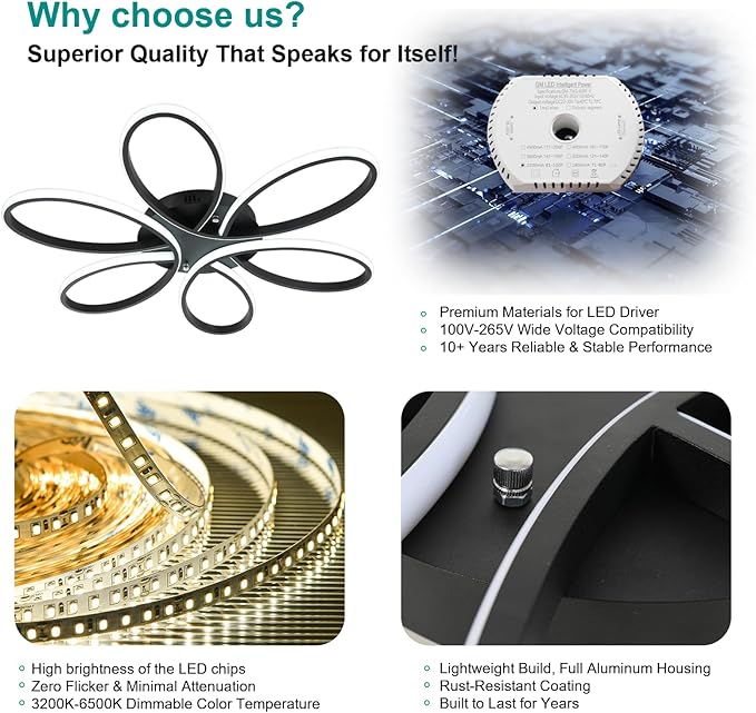 Modern LED Ceiling Light, 35 inch 110W, Dimmable Chandelier with Remote/APP Control for Living Room, Dining Room, Bedroom, Kitchen & Home Lighting