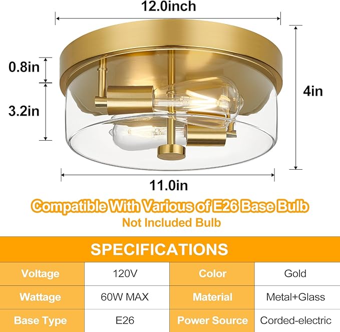 Flush Mount Ceiling Light Fixtures, 2-Light Gold Ceiling Mount for Farmhouse with Clear Glass Lampshade, Industrial Flush Mount Light Fixture Farmhouse for Hallway, Kitchen, Entryway and Foyer