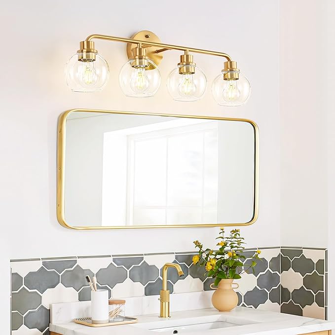 Bathroom Light Fixtures Gold Vanity Light 4 Light Wall Sconces Lighting Brushed Brass Lights with Clear Globe Glass Shades Bath Wall Lamp for Mirror Kitchen Living Room Bedroom Hallway 27 Inch