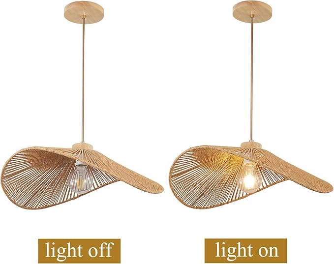 Boho Rattan Pendant Light Fixture Modern Style Hanging Light Bohia Natural Bamboo Handmade1-Light Hanging Lamp for Farmhouse Bedroom Living Room Dining Room