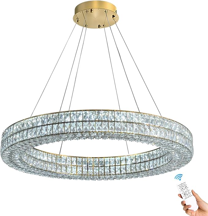 Led 24" Gold Ring Crystal Chandelier, Modern Dimmable Chandeliers Lighting and Hanging Adjustable, LED Round Ceiling Light Fixtures for Dining Room Living Room