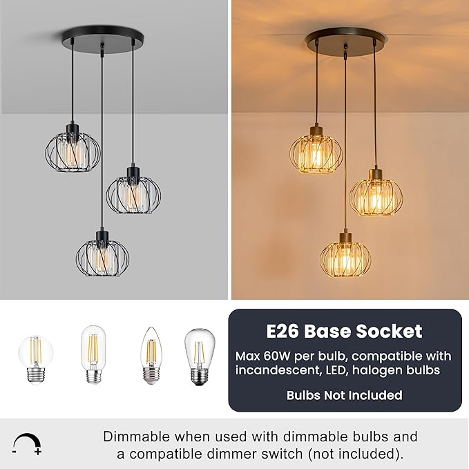 Cluster Pendant Light Fixtures, 3-Light Pendant Lights Kitchen Island, Farmhouse Hanging Light Fixture, Industrial Black Metal Cage Pendant Lighting With Clear Crystal for Sink Dining Room Hallway
