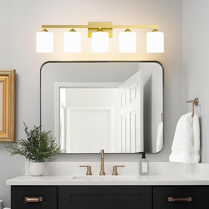 Quntis Gold Bathroom Light Fixtures Over Mirror 5 Colors Adjustable, 5-Light LED Bathroom Vanity Lighting with Milky White Frosted Glass Shade, Vanity Energy-Saving LED 35.8 inch