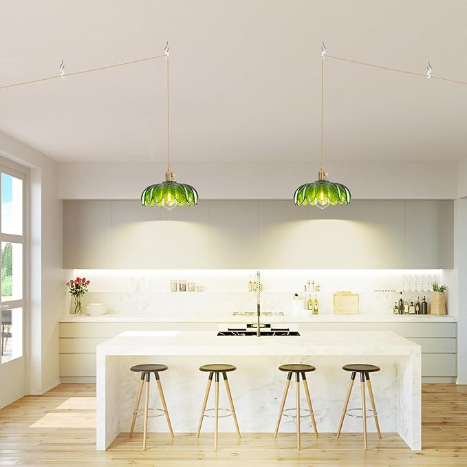 Plug in Pendant Light, Hanging Lights with Plug in Cord, Hanging Light Fixture with Green Glass, E26 Pendant Lighting for Kitchen Island, Bedroom, Dining Room, Living Room