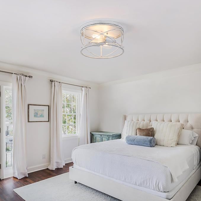 2-Light Flush Mount Ceiling Light Fixture, Industrial Modern White Ceiling Lamp, Vintage Farmhouse Light Fixture for Hallway, Bedroom, Dining Room, Living Room, Kitchen, Entryway