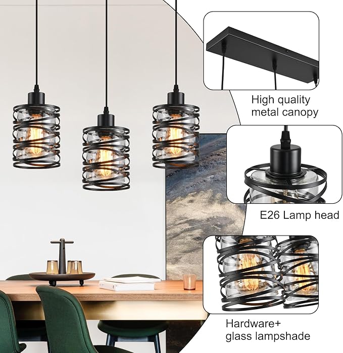 3 Light Pendant Lights Kitchen Island Black Pendant Light Fixtures Spiral Iron Kitchen Island Lighting with Clear Glass Shade Adjustable Hanging Light Fixtures