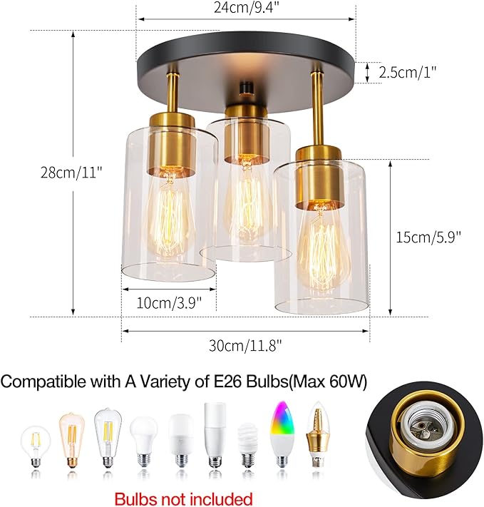 Flush Mount Ceiling Light 3-Light Black Semi Ceiling Light Fixture with Clear Glass Shades, Farmhouse Industrial Gold Brass Kitchen Ceiling Lights for Hallway Entryway Dining Roon Bedroom