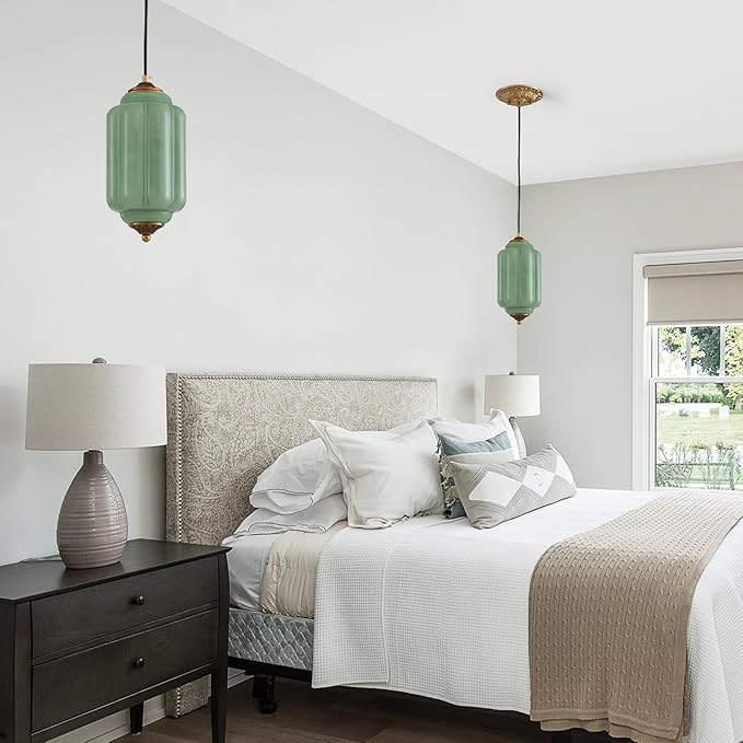 5.5" Small Chandelier Modern Farmhouse Milk Glass Pendant Lighting Fixture Green Hanging Lamp Height Adjustable 1-Light for Dining Room, Entryway, Hallway
