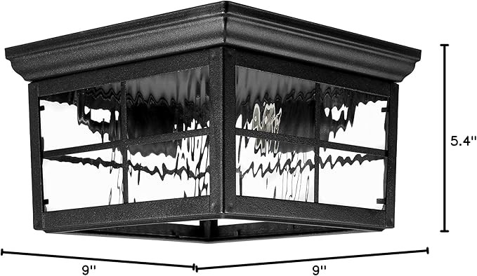 Maxxima Outdoor Flush Mount Ceiling Light Fixture, Black w/Water Glass, 2-Light Square Farmhouse Porch or Patio Light, Close to Ceiling Entryway Outdoor Light, Bulbs Not Included