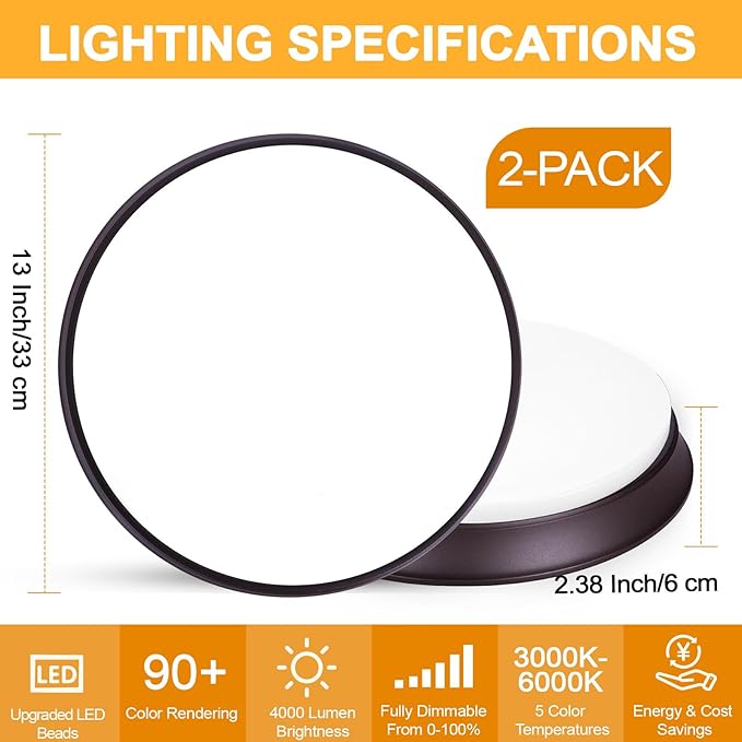 2PACK LED Flush Mount Ceiling Light Fixtures Oil Rubbed Bronze, 13Inch 36W Dimmable & 2700K-6500K 5CCT Adjustable LED Ceiling Lights, 4000LM Modern LED Lamp for Kitchen, Bedroom, Porch, Hallway