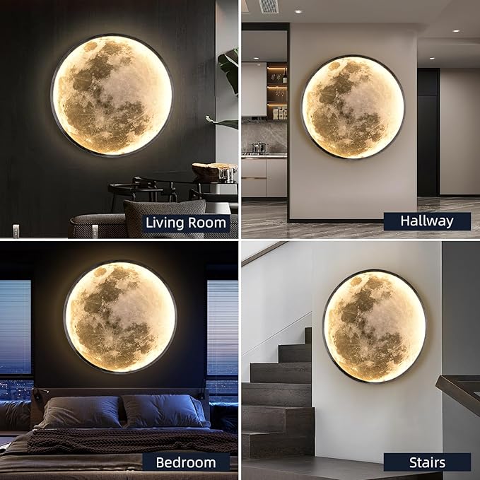 QIYIMEILUX Large Moon Wall Sconce Plug in Modern LED Dimmable Wall Light with Remote Control 23.6 inch 31W Black Wall Lamp Indoor Wall Mounted Lighting Ceiling Light for Living Room Bedroom