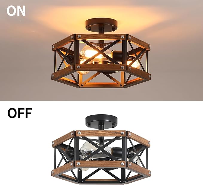 3-Light Rustic Farmhouse Wood Flush Mount Ceiling Light Fixture 14.5 inch Oak Wood and Metal Hexagon Cage Semi Flush Mount Ceiling Light for Hallway Hall Entry Bedroom Kitchen Farmhouse, Black