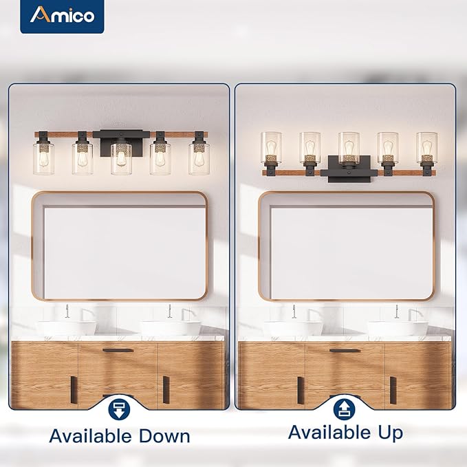 Amico Farmhouse Vanity Light Fixtures, Rustic 5-Light Industrial Painted Wood Lights for Bathroom, Vintage Black Wall Sconces with Bubble Glass Shade