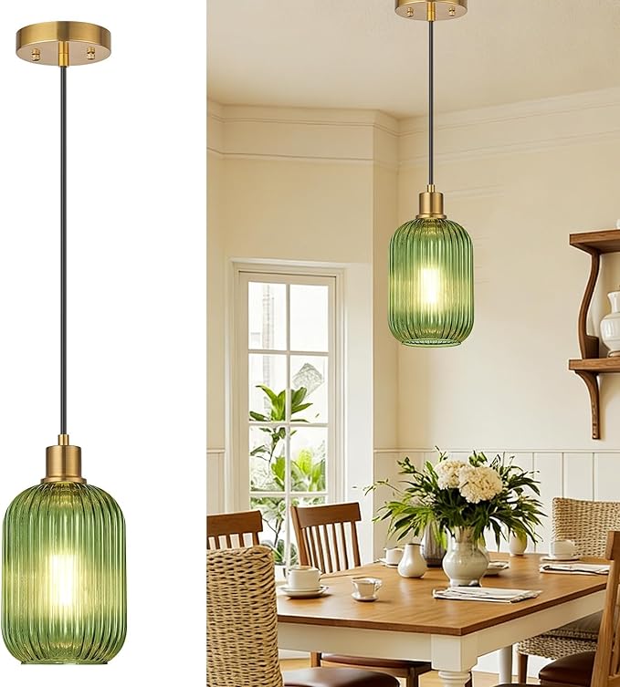 Lynnoland Hand-Blown Green Ribbed Glass Pendant Light, Vintage Hanging Lamp (Bulb Not Included)