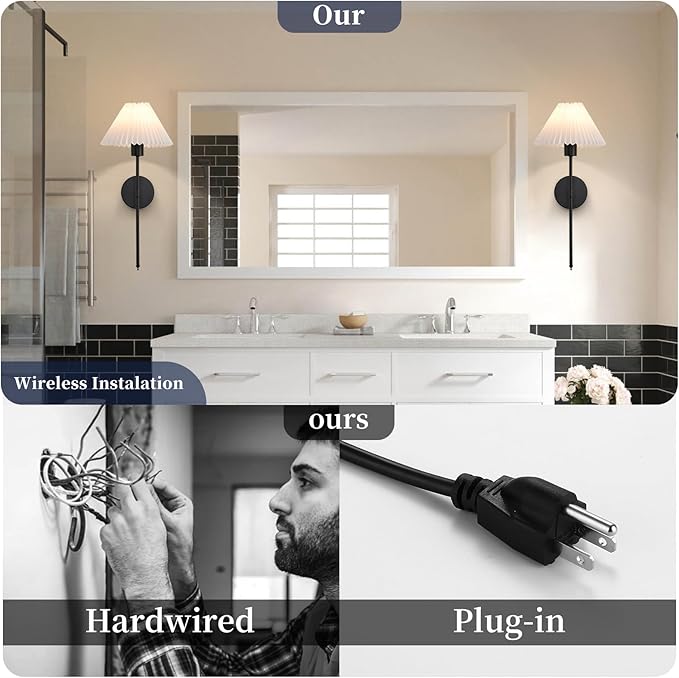 Battery Operated Wall Sconces Set of 2, Black Rechargeable Wall Lights with Pleated Shades, Dimmable Wall Lamp with Remote, Easy to Install, 15 Colors Wireless Lighting for Living Room Bedroom