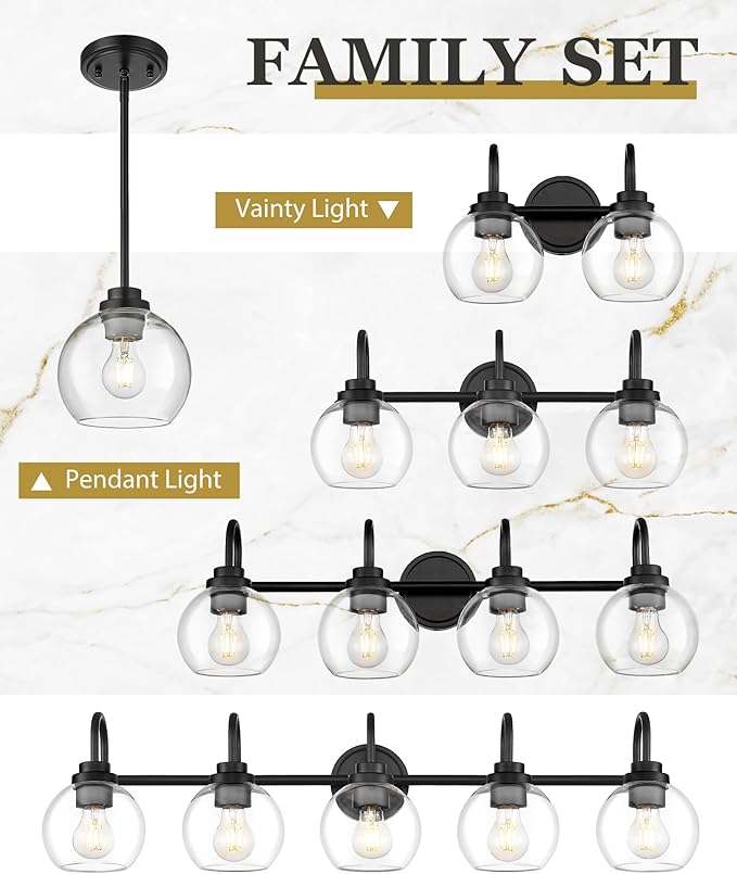 Bathroom Light Fixtures, 4-Light Matte Black Vanity Lights with Globe Clear Glass, 30 Inch Modern Vanity Lighting Fixtures Over Mirror, AD-22280-4W-BK