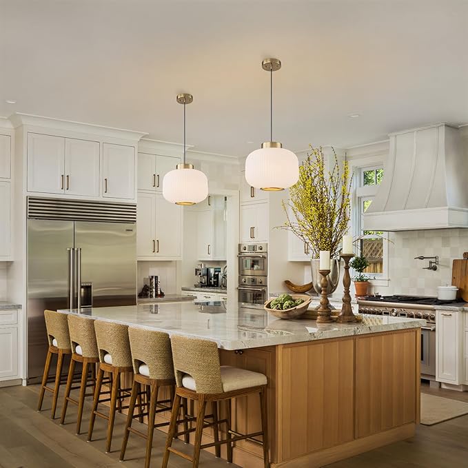 EDSILIVE White Glass Pendant Lights Kitchen Island 11.81" Antique Lantern White Glass Hanging Ceiling Light Fixture with Adjustable Wire for Dining Room Kitchen Table, Gold White