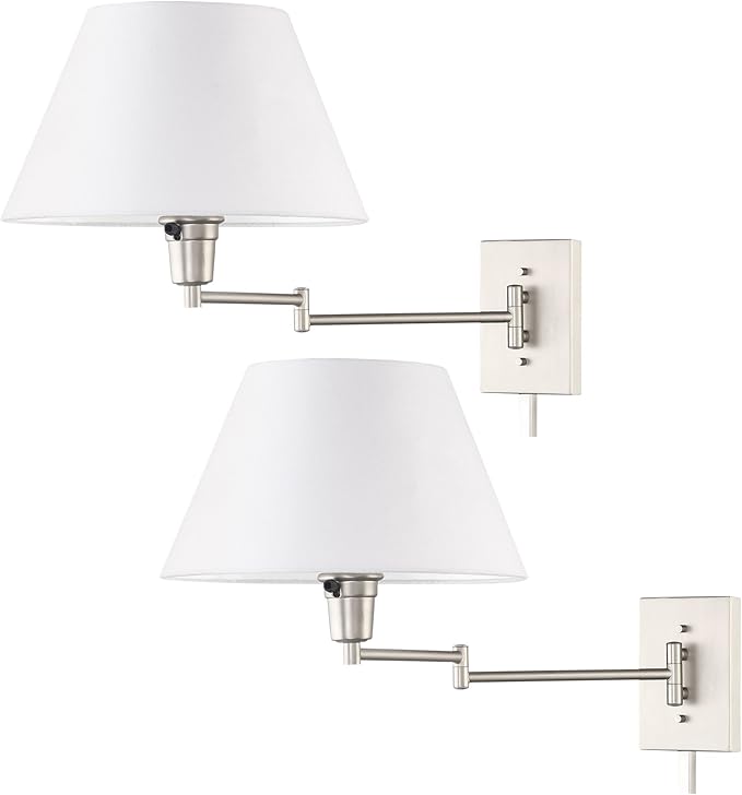 Kira Home Cambridge 15" Set of 2 Modern Swing Arm Wall Sconce with White Empire Fabric Shade, 2-in-1 Plug in or Hardwired Wall Lamp with 3-Way Switch, Satin Nickel Finish