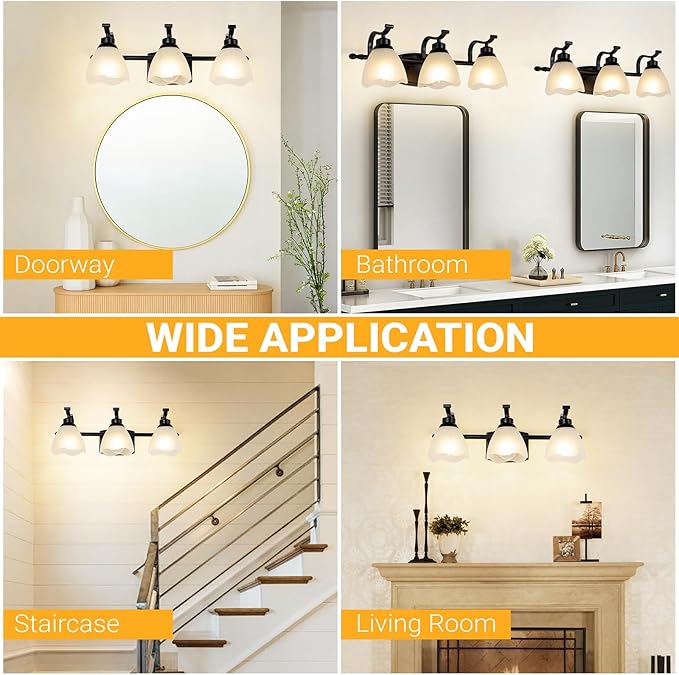 WJShome 3-Light Bathroom Light Fixture, 19.5" Vintage Vanity Lights with Frosted Glass Shades, Farmhouse Black Wall Light Fixtures, for Mirror, Living Room, Cabinet, Bedroom, Porch