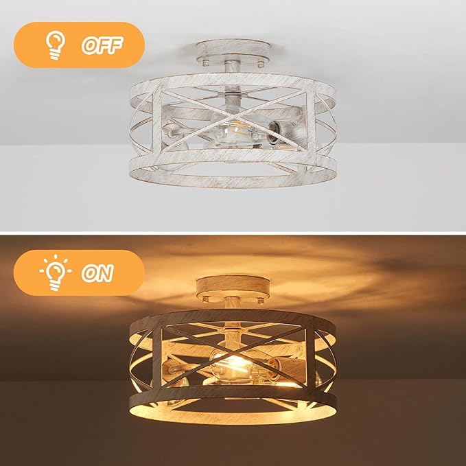 Rustic 3-Light Semi-Flush Mount Ceiling Light 13 Inches Round Lighting Fixtures for Kitchen Island Dining Room Bedroom Farmhouse Foyer Hallway Front Door, White & Gold