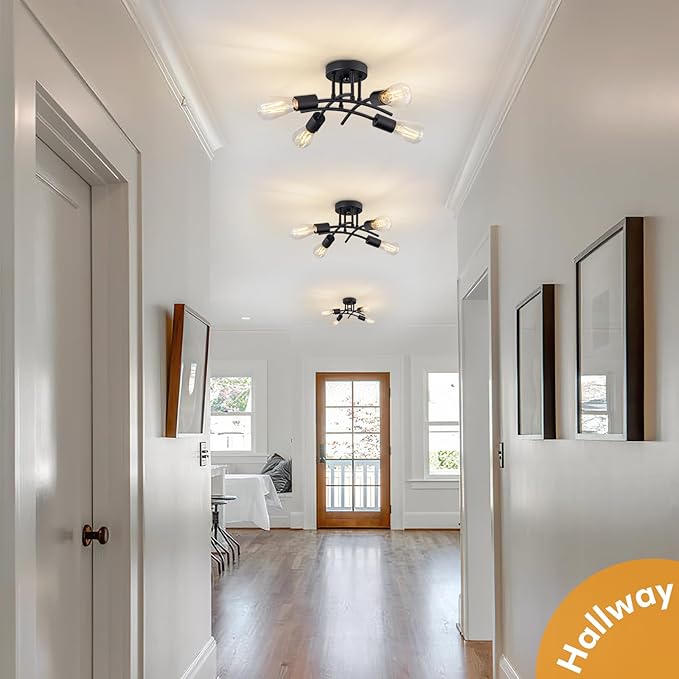 Industrial 4-Light Semi Flush Mount Ceiling Light Fixture, Modern Black Close to Ceiling Light, E26 Base Chandelier Lighting, Farmhouse Pendant Lamp for Hallway Kitchen Bedroom