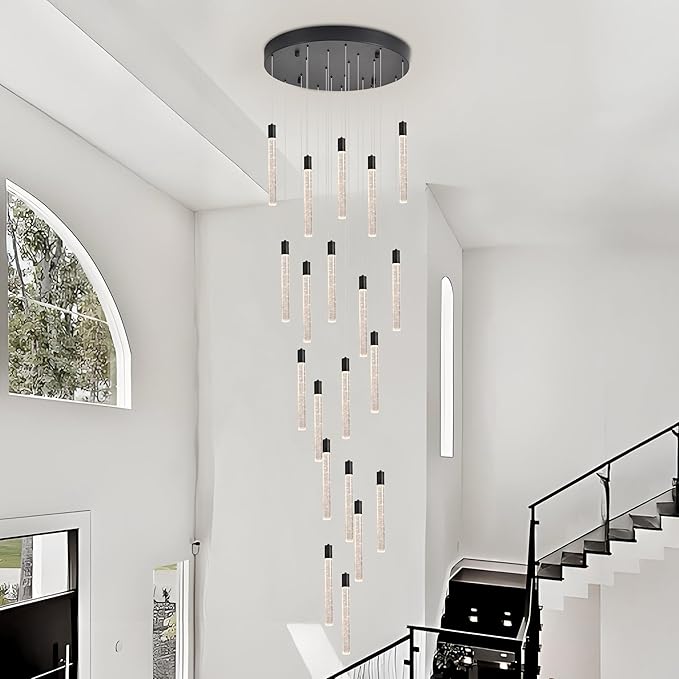 20-Light Black High Ceiling Chandeliers Modern Crystal Chandeliers for Entryway Long Spiral LED Dimmable Chandelier Flush Mount Ceiling Staircase Foyer Living Room Ceilings Light Fixture