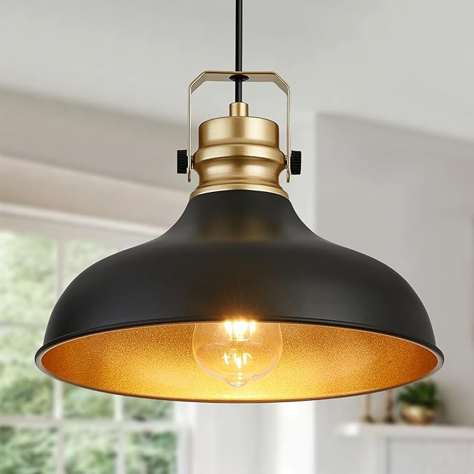 Black and Gold Farmhouse Pendant Lights Matte Pendant Lighting for Kitchen Island Industrial Adjustable Height Vintage Dome Hanging Light Fixtures for Barn, Dining Room 2 Packs