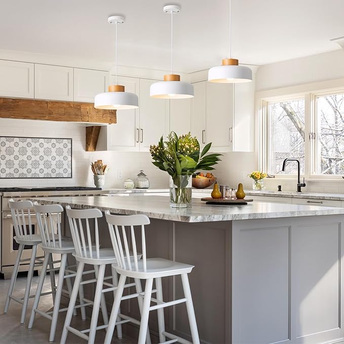 Modern Pendant Light with Real Wood Cap - 12.6” White Hanging Light Fixture for Kitchen Island, Dining Room Table - Adjustable Height Ceiling Light with E26 Socket - Scandinavian Style