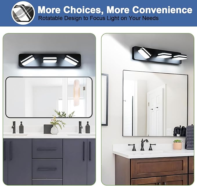 360° Rotate LED Dimmable Bathroom Vanity Light Fixtures, 1300LM Acrylic Matte Black Vanity Lights for Bathroom, Modern Wall Lighting Fixtures Over Mirror Kitchen Living (Natural White Light 5000K)