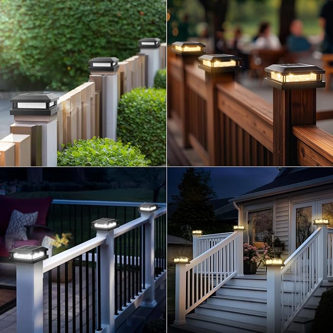 Solar Post Cap Lights Outdoor 12 Packs for 4x4 4.5x4.5 5x5 Vinyl/Wooden Posts, Waterproof Solar Powered Fence Post Light with Warm/Cool Lighting, Black 16LEDs Deck Cap Light for Garden, Patio, Porch