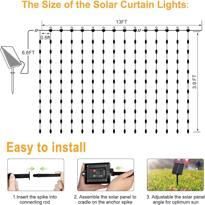 DBFAIRY Solar Curtain Lights 200 LED Outdoor Curtain Lights Waterproof | 13 x 3.9ft Solar Twinkle Curtain Lights with Remote Timer Dimmable for Garden Party Wedding Decór, Warm White