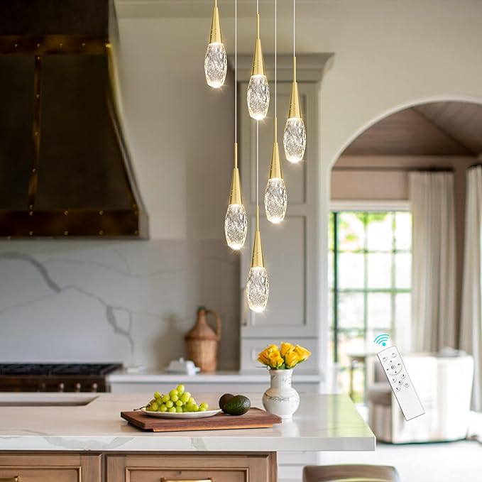 6-Lights Adjustable Pendant Lights for Kitchen Island LED Dimmable Light Fixture Modern Glam Crystal Hanging Lighting for Dining Room Bedroom Antique Gold