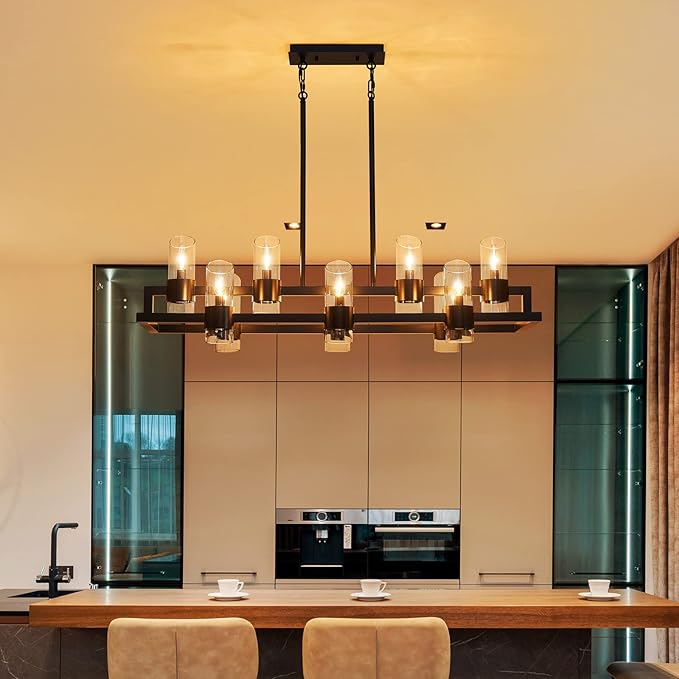 WUZUPS Island Rectangle Chandelier 10-Light with Clear Glass Industrial Modern Farmhouse Linear Light Fixture for Dining Room Kithen Island, Width 42.5" Height 10.4", Black