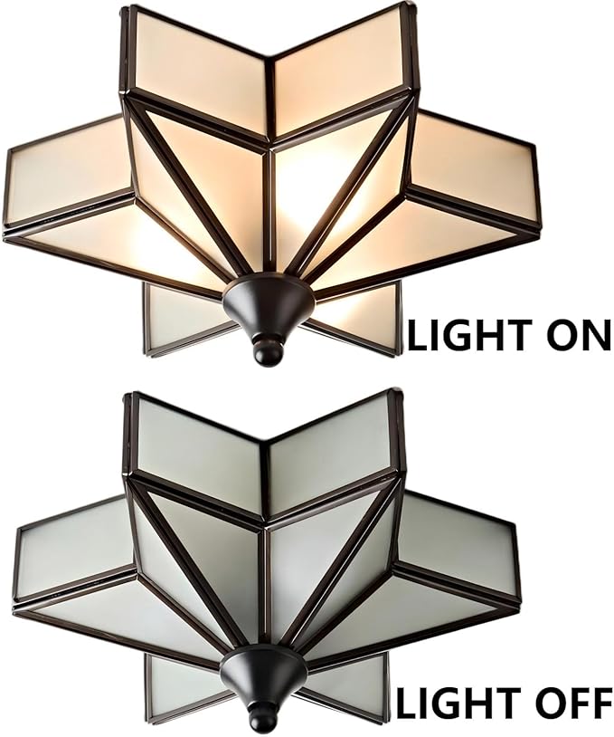 LIGHTLAND 11.8 Inch Flush Mount Star Ceiling Light, 3 Lights Brass Ceiling Lamp with Glass Lampshade, Art Deco Close to Ceiling Light Fixtures for Entryway Hallway Porch, Black
