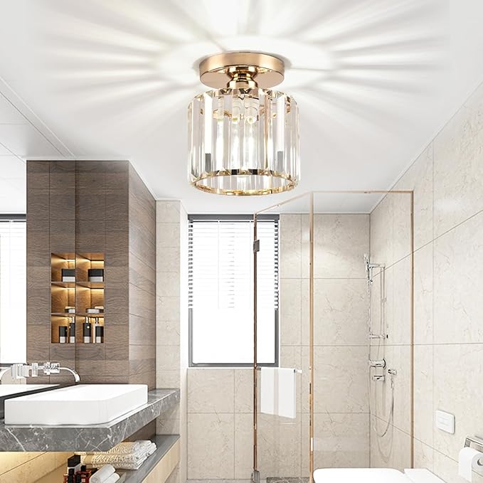 Semi Flush Mount Ceiling Light, Crystal Ceiling Light Gold Chandelier for Kitchen Hallway Entrance Balcony Dining Rooms Living Rooms Bar