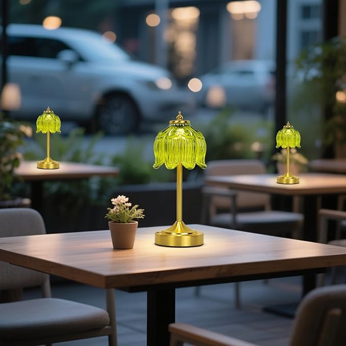 Cordless Lotus Flower Table Lamp, 5200mAh Rechargeable Battery Operated Portable Lamp, 3-Color Dimmable Touch Control Small Desk Lamp for Bedroom, Office, Kitchen, Nightstand,Room Decor(Green)