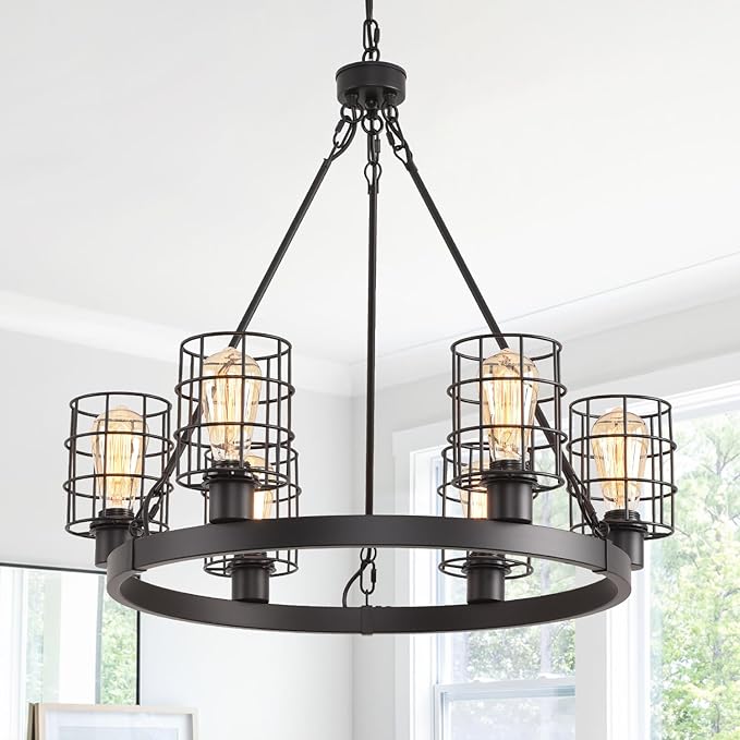 Wagon Wheel Chandelier Modern Farmhouse Pendant Light,Black Farmhouse Chandelier, 6-Light Wagon Wheel Chandelier with Adjustable Height, Dining Room Light Fixture, Hanging Lights