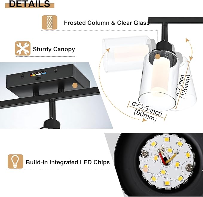 3-Light LED Black Track Lighting Fixtures, 5-Color Temperature Ceiling Spotlight Bathroom Vanity Wall Lighting with Integrated LED Chips & Clear Glass Shade & Frosted Column