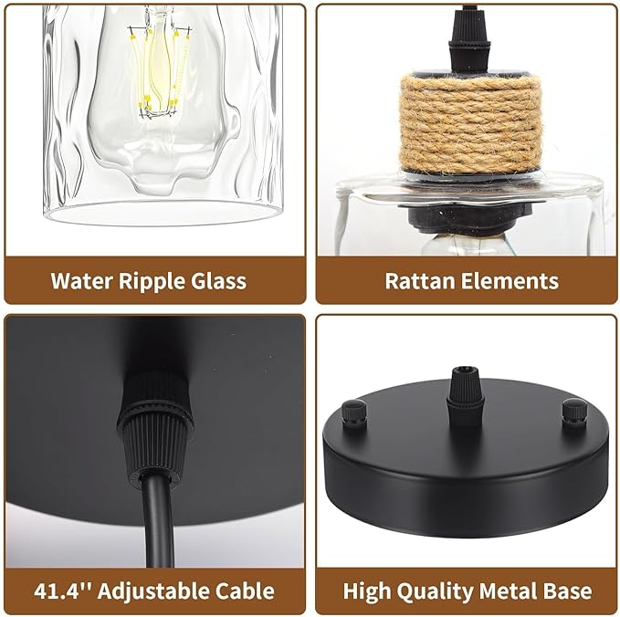 1 Pack Farmhouse Water Ripple Glass Pendant Light for Kitchen Island, Black Hanging Light Fixture, E26 Mini Pendant Lighting for Living Room, Bedroom, 41" Adjustable Cord, Bulb Not Included