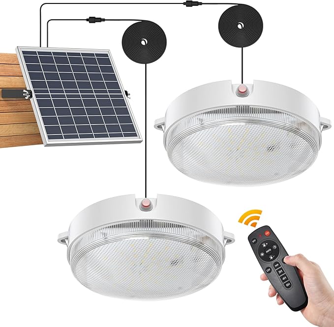 Solar Ceiling Lights Indoor Outdoor 2 Pack, Dimmable Daytime 3000K/4000K/6000K Solar Shed Lights with ON/Off Switch & Remote, Waterproof Barn Lights for Home Porch Chicken Coop