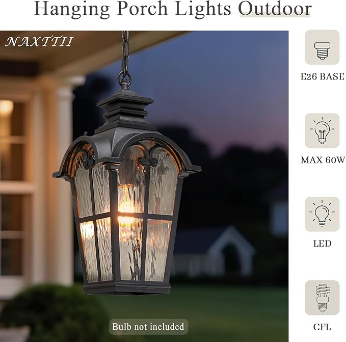 Waterproof Outdoor Pendant Light for Porch 18.5 Inch Large Hanging Porch Lights with Adjustable Chain Dusk to Dawn Aluminum Outdoor Hanging Light Fixture with Water Ripple Glass E26 Socket