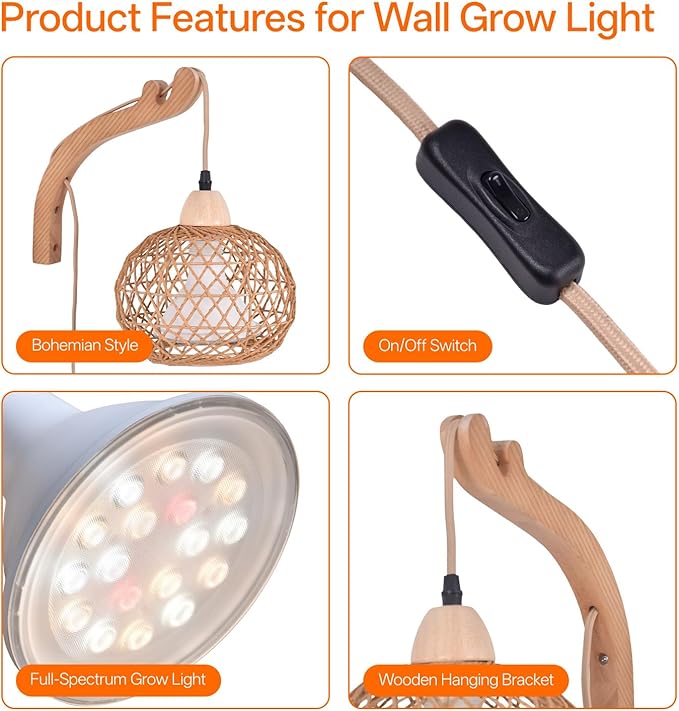 Bstrip Hanging Grow Lights for Indoor Plants, 18W Full Spectrum Plant Light, Boho Rattan Lantern Shade, 3800K Wall-Mounted Decorative Grow Light with 9.8FT Power Cord for Indoor Plant Growing, Flowers