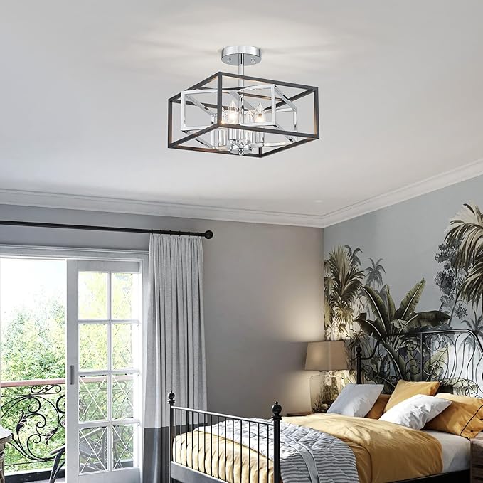 Square Ceiling Light, 4-Light Flushmount Modern Close to Ceiling Light Fixture for Living Room, Bedroom, Dining Room, L13 x W13 x H10 inch, Black & Silver Finish Frame