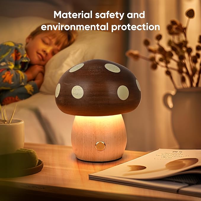LONRISWAY 2Pack Wood Small Mushroom Table Lamp, LED Rechargeable Cordless Touch Bedside Lamps, Wireless Stepless Dimming Night Light, Portable Battery Lamp for Bedroom Nightstand for Birthday Gifts
