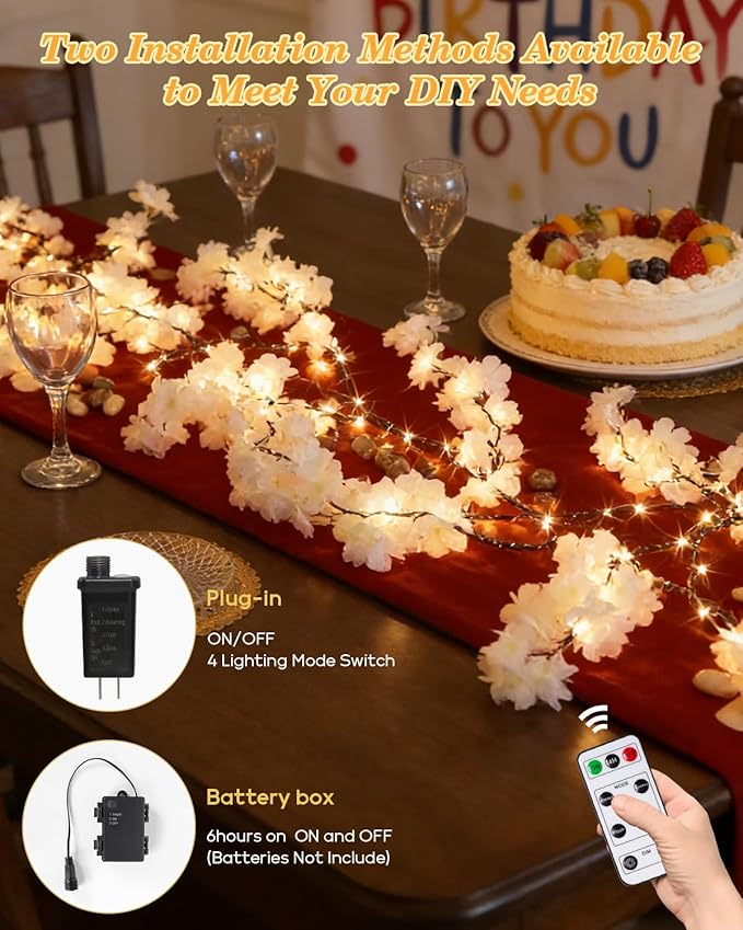 GOESWELL Cherry Blossom Tree Lights for Wall: 7.9FT Lighted Garland for Room and Home Decor - Plug or Battery Operated Artificial Flower Vines for Mantle Fireplace Wedding Party Indoor Outdoor