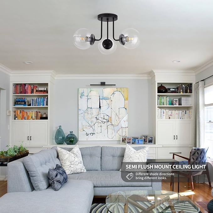 KoKo&Yukina 3-Light Semi Flush Mount Ceiling Light Globe Lights Mid Century Ceiling Light with Clear Glass Globe & Matte Black for Bedroom Hallway Entryway Kitchen Living Room (Bulb Incl.)
