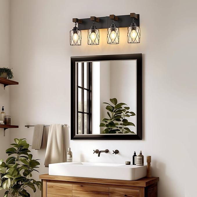 Farmhouse Bathroom Light Fixtures, 4 Light Bathroom Vanity Light with Metal and Glass Lampshade, Wood Rustic Lighting Fixtures Over Mirror, Black Wall Sconces for Living Room, Bedroom