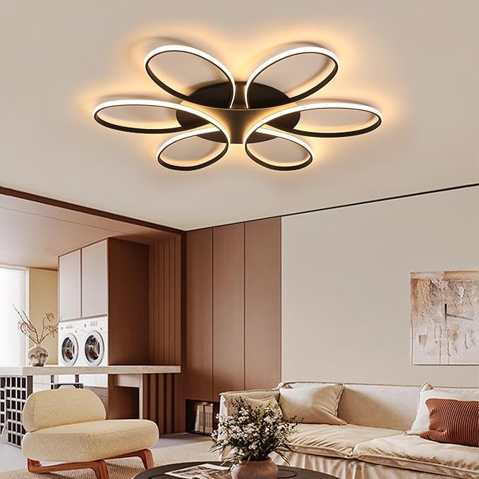 Modern LED Ceiling Light Fixture Black Flush Mount Ceiling Lamp with Remote Control Dimmable 6 Rings Flower Shaped Ideal for Living Room Bedroom Dining Room Kitchen(95CM/37.4IN)