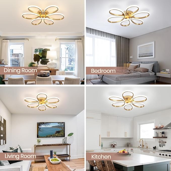 26inch Modern LED Ceiling Light, 6 Rings Flower Flush Mount Light Fixture with Remote Control Gold Dimmable Ceiling Lamp for Bedroom, Dining Room, Hallway, Kitchen